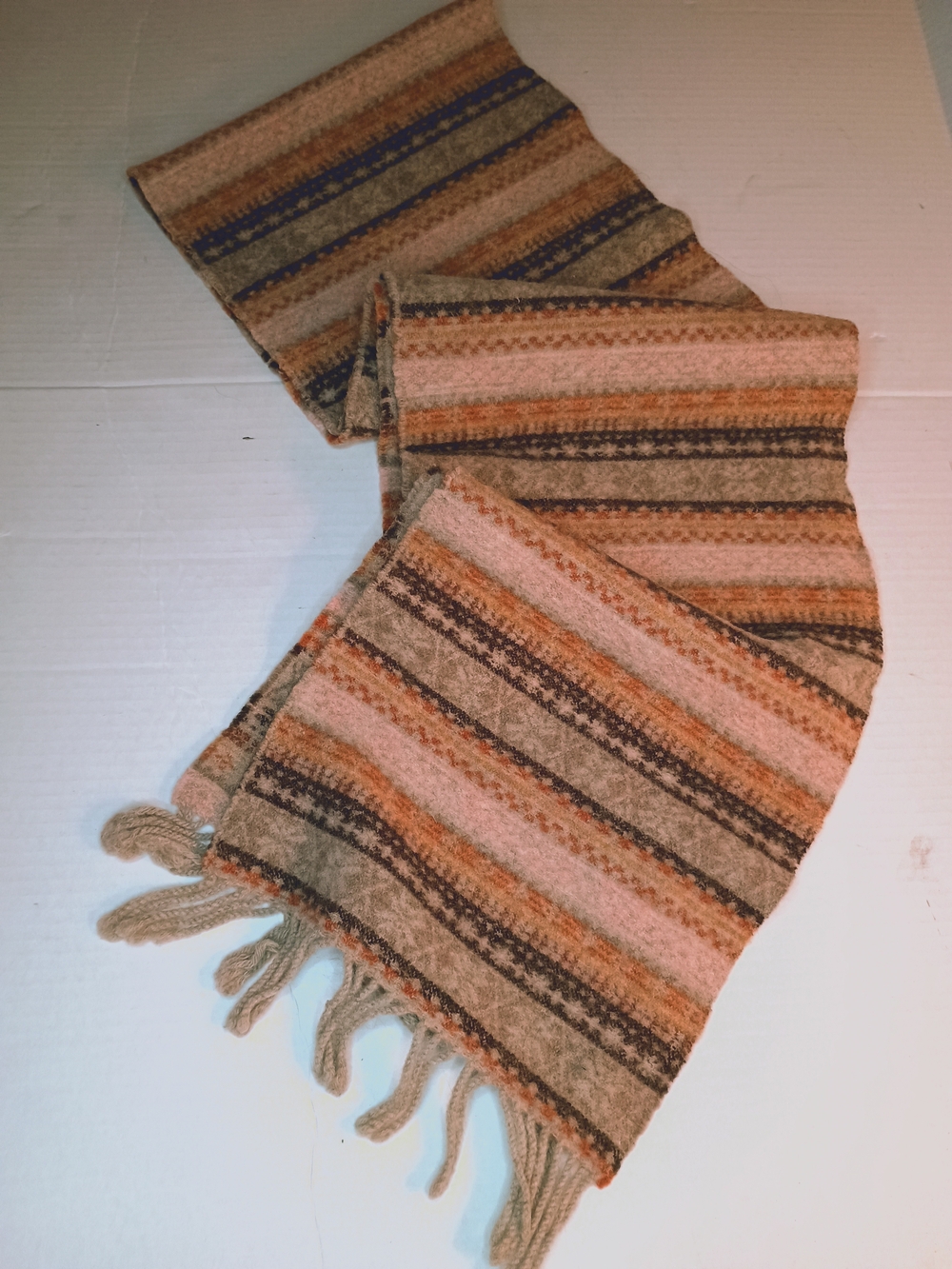 Johnstons Scotland Striped Fringe LambsWool  Scarf in Beige, Orange & Brown